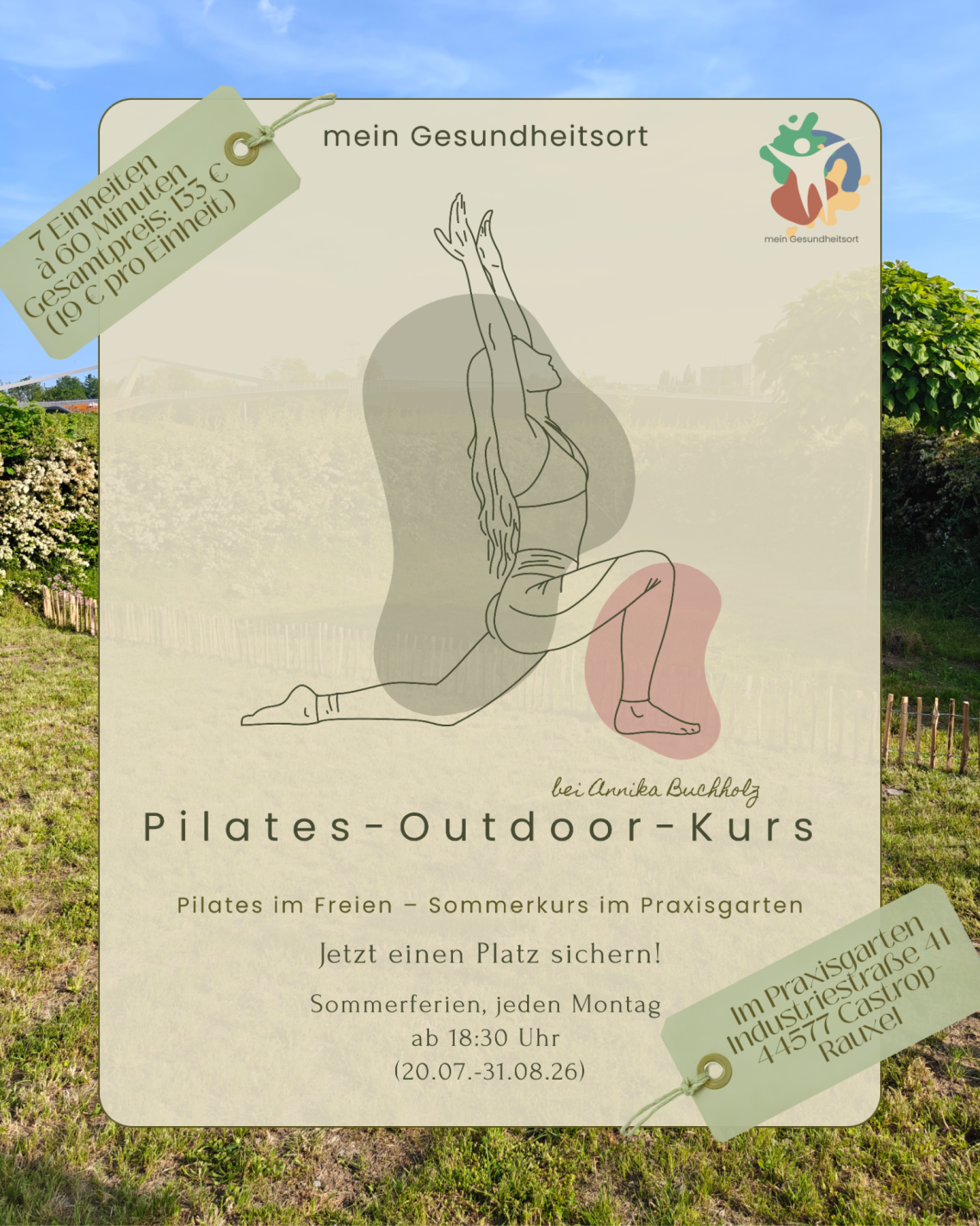 Pilates-Kurs im Freien mit Übungen und Kursdetails auf einem hellen Hintergrund.