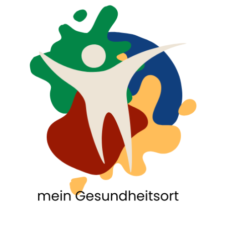 Symbol eines Menschen in einem bunten, abstrakten Hintergrund mit dem Text "mein Gesundheitsort".